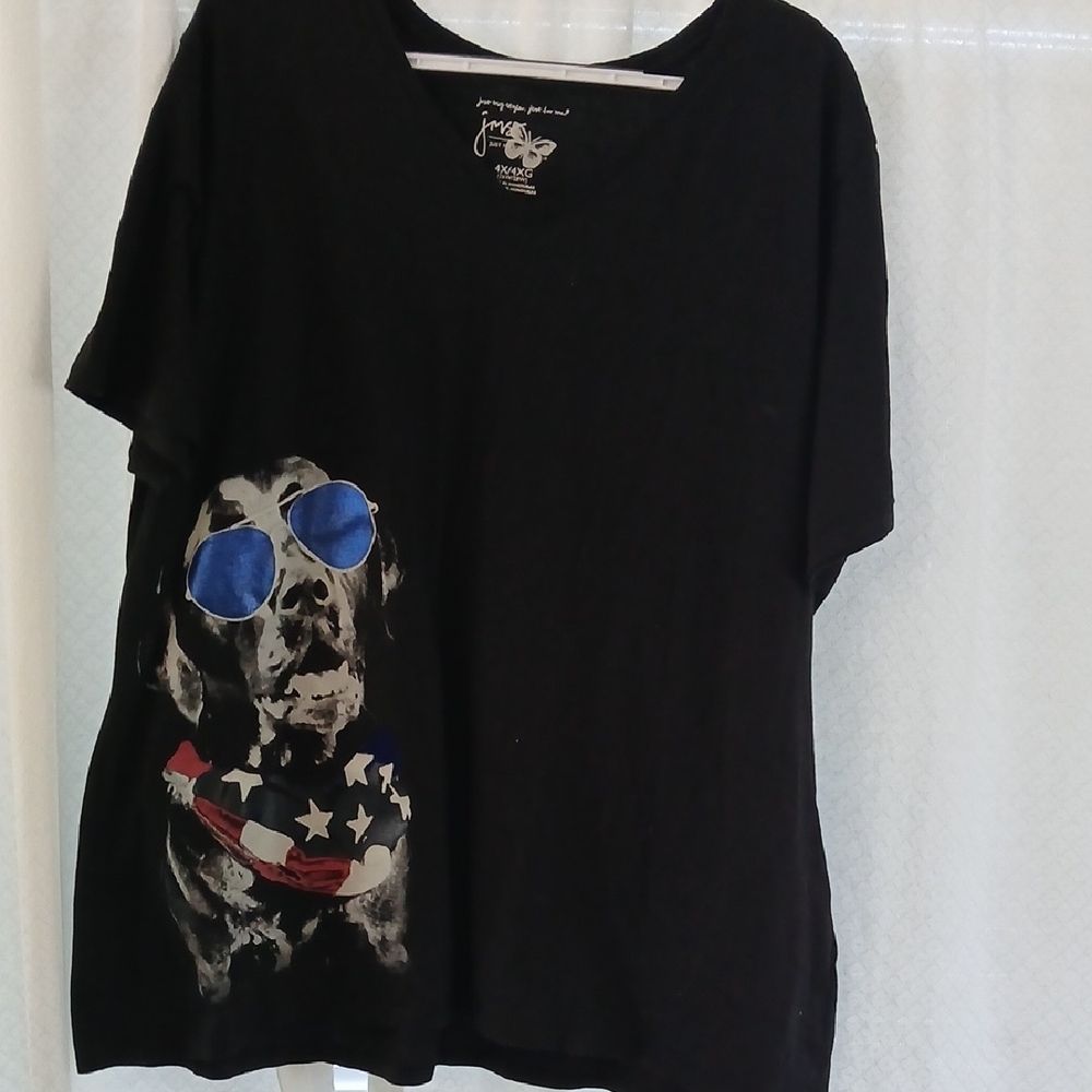 Just My Size Black Graphic Tee with Patriotic Dog With Sunglasses